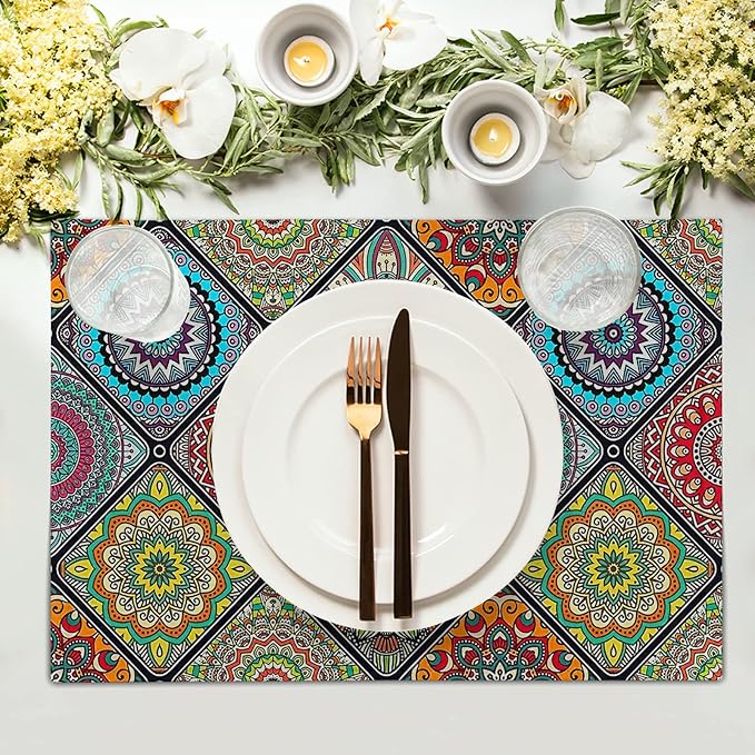 Giwawa Boho Mandala Placemats, Mexican Ethnic Traditional Pattern with Geometric Plaids, Abstract Flower Washable Linen Table Place Mats Set of 4 for Dining Kitchen Party, 12"x18"