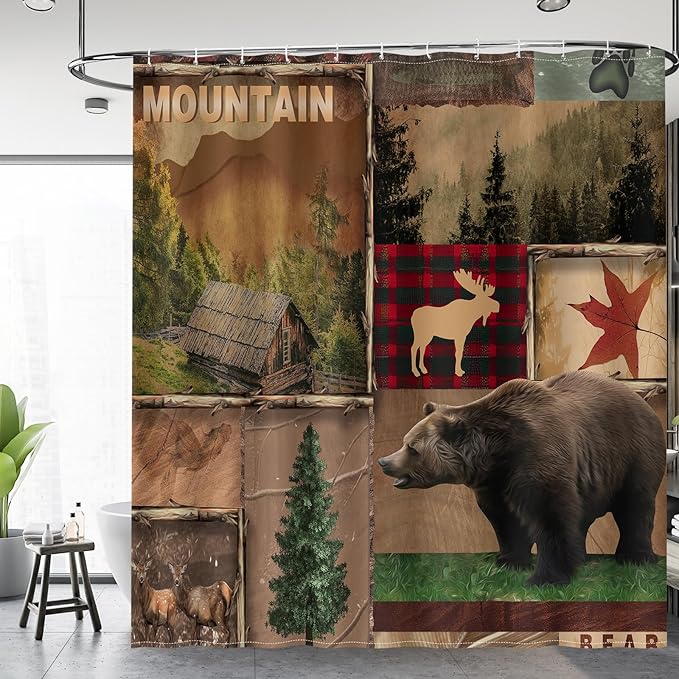 Aimego Farmhouse Cabin Shower Curtain - Rustic Western Brown Bear Deer Forest Plaid Check Moose Country Vintage Fabric Cloth Bath Shower Curtain Set with 12 Hooks for Bathroom Decor, 72"x72"