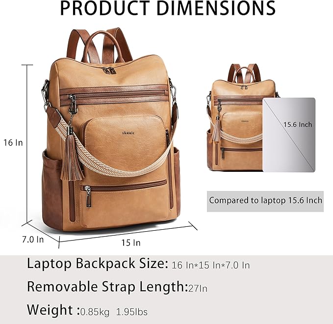 Shrrie Vegan Leather Laptop Backpack for Women 15.6 inch Work Backpack Fashion Travel Backpack Purse for Business College