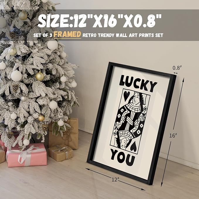 Heiple Framed Set of 3 Poker Wall Art Lucky You Poster, Trendy Retro Print Wall Decor for Queen of Hearts Wall Art Rustic Vintage Farmhouse Home Wall Decor（Black 12"x16"）