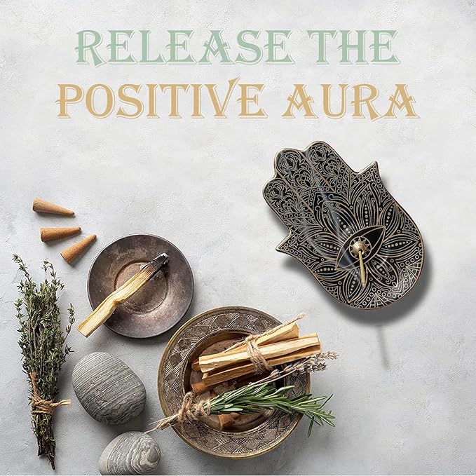 Ceramic Hamsa Hand Incense Holder - 2 in 1 Brass Incense Holder for Sticks and Coil Incense- Zen Decor with Hand of Fatima Design Protection from Evil - 6.2" L X 4.5" W (Black)