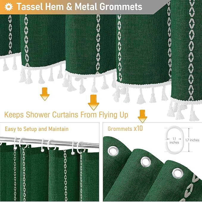 BTTN Stall Fabric Shower Curtain - 54x78 Boho Striped Linen Heavy Duty Tassel Shower Curtain Set with 10 Hook, Narrow Rustic Modern Farmhouse Bohemian Cloth Shower Curtain for Bathroom - Emerald Green