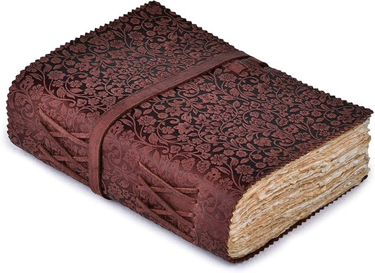 LEATHER VILLAGE Leather Bound Floral Embossed Journal for Women Men - 200 Pages, 10X7 Inches, Fuchsia - Book of Shadows, Vintage Blank Paper Travel Diary, Notebook for Writing, Drawing, Sketchbook