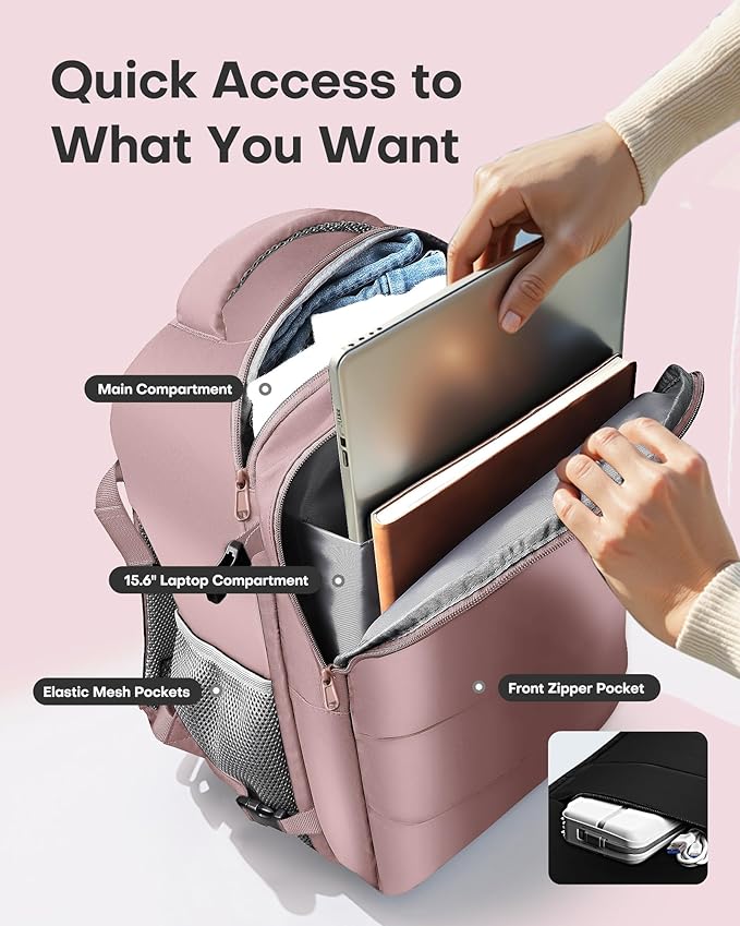 HOTOR Travel Backpack - Flight Approved Travel Bag for Men and Women, Carry on Luggage for 15.6" Laptop and Travel Essentials for Work, Business, Weekender, College 11.8"x7.9"x17.3" (Pink)