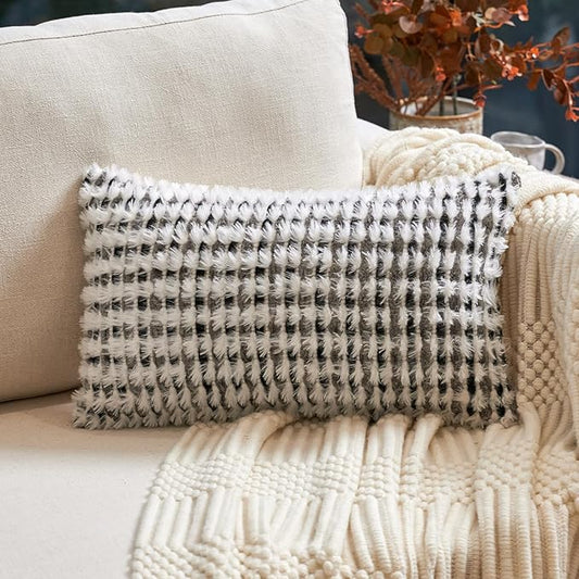 Aeckself Boho Chenille Tufted Pillow Cover 12x20 Inch, Rectangle Decorative Lumbar Throw Pillow Cover Neutral Pillowcase for Couch Bedroom Living Room, Black Gray
