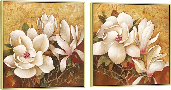 Pyradecor Large Gold Framed Canvas Wall Art Magnolia Flowers 2 Panels Floral Canvas Prints Brown Pictures for Living Room Bedroom Home Decorations