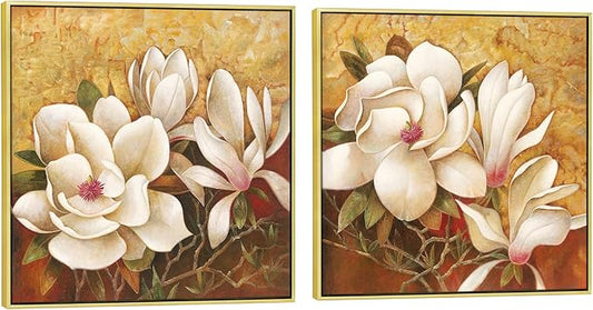 Pyradecor Large Gold Framed Canvas Wall Art Magnolia Flowers 2 Panels Floral Canvas Prints Brown Pictures for Living Room Bedroom Home Decorations