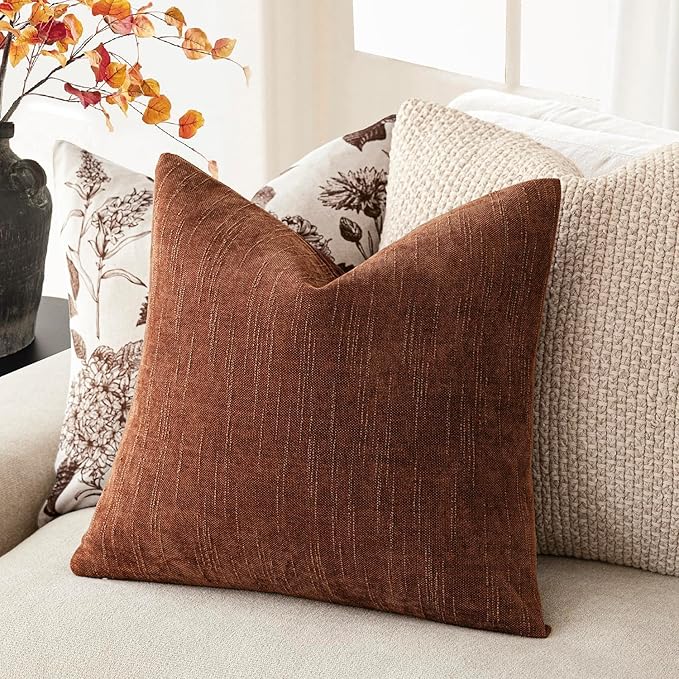 Foindtower Pack of 2 Soft Textured Chenille Throw Decorative Pillow Covers Square Accent Solid Cushion Cover Cozy Neutral Farmhouse Pillow Case for Couch Sofa Bedroom Living Room 20x20 Inch,Red Taupe