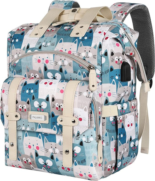 FALANKO Laptop Backpack for Women,Teacher Doctor Nurse Work Purse Bag for 15.6 Inch Laptop,Cute Cartoon Pattern backpack With USB Charging Port RFID Anti Theft Pocket, Large Travel Bookbag for Women