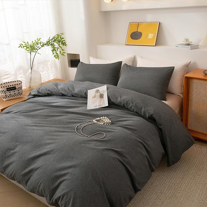 ECOCOTT Grey Duvet Cover Queen Size, 100% Washed Cotton 1 Duvet Cover with Zipper and 2 Pillowcases, Ultra Soft and Easy Care Breathable Cozy Simple Style Bedding Set(Dark Grey)