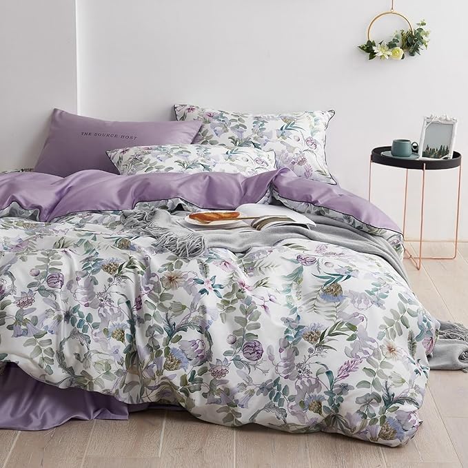 mixinni Garden Style Purple Floral Printed on White Duvet Cover Queen Size Flower Leaves Pattern Long Staple Cotton Bedding Set with Zipper Ties for Him and Her, Easy Care, Soft and Breathable