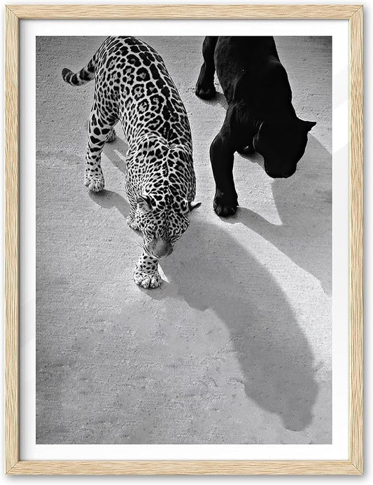 EcoHest Small Cheetah and Jaguar Walking Framed Wall Art, 8x10 in OAK Wood Vintage Black and White Funny Bathroom Canvas Art, Fashion 1950s Poster Decor, Set of 1 for Bedroom Living Room