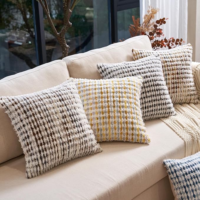 Aeckself Boho Chenille Tufted Pillow Cover 18 x 18 Inch, Decorative Square Throw Pillow Cover Neutral Pillowcase for Couch Bedroom Living Room, Brown White