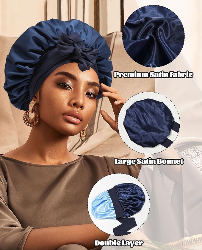Satin Bonnet Silk Bonnet for Sleeping Silk Sleep Cap Double Layer Hair Bonnet with Elastic Tie Band for Curly Hair Night Cap (Navy Blue + Light Blue)