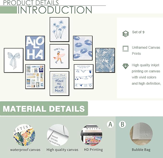 9Pcs Blue Coastal Poster Beach Cowgirl Wall Art Trendy Summer Aesthetics Painting Beachy Collage Ocean Picture Wall Decor Preppy Print for Hallway Bedroom And Living Home Frameless8x10Inch