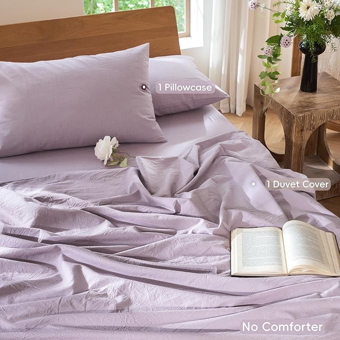 MooMee Bedding Duvet Cover Set 100% Washed Cotton Linen Like Textured Breathable Durable Soft Comfy (Heathered Light Purple, Twin 68"x90")