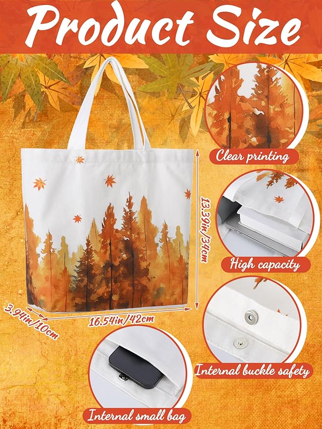 Bencailor 2 Pcs Fall Canvas Tote Bag Thanksgiving Pumpkin Maple Leaf Tote Pouch Cute Aesthetic Reusable Grocery Bag for Women