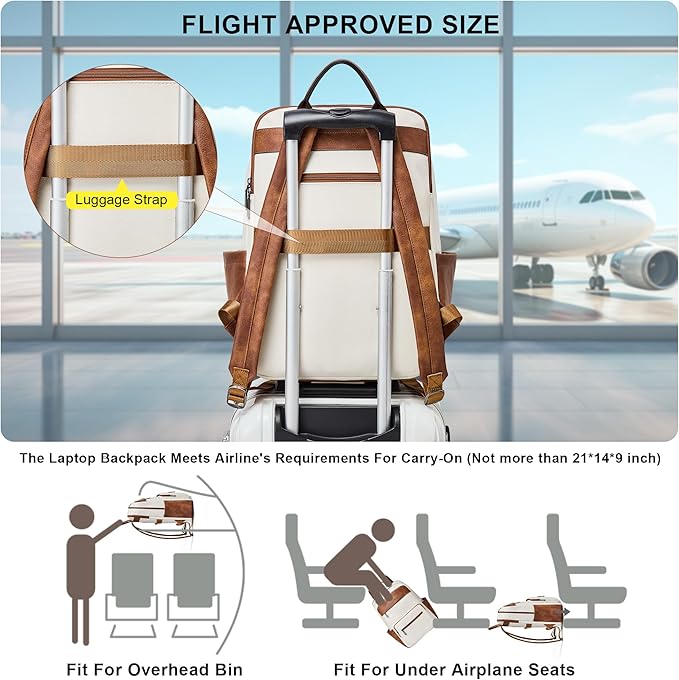 Leather Laptop Backpack for Women 15.6 Inch Laptop Travel Backpack Purse Casual Daypack with Laptop Compartment for College Work Nurse Business Weekender, Beige Brown