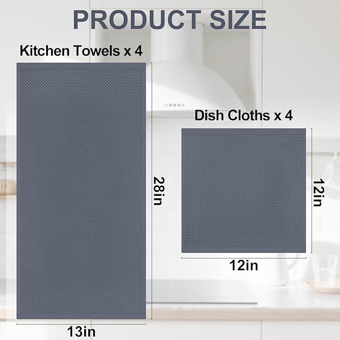 Homaxy 100% Cotton Kitchen Towels and Dishcloths Set, 12 x 12 Inches and 13 x 28 Inches, Set of 8 Bulk Kitchen Towels Set, Ultra Soft Absorbent Dish Cloths for Washing Dishes, Dark Grey