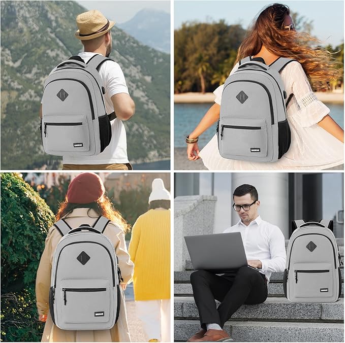 Backpack for Men and Women, School Backpack Teens Boys and Girls 17.3 Inch Laptop Bookbag with USB Charger for High School College Work Travel Business (Gray)