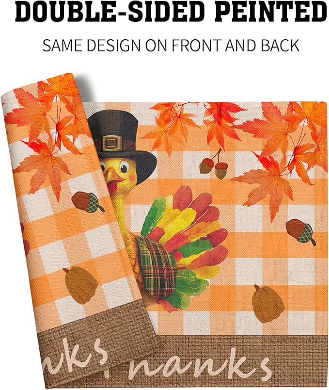 Giwawa Thanksgiving Placemats Set of 4, Give Thanks Turkey Place Mat with Orange Bufflao Plaids, Fall Autumn Maple Leaf Pumpkins Chestnuts Washable Table Mats for Kitchen Dining Holiday Decor, 12"x18"