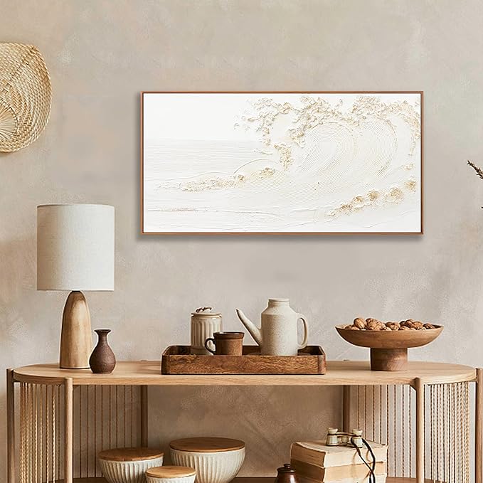 Wall Art Small Size Framed Home Artwork Decor Hand Painted White wave with golden embellishments Modern Canvas Painting For Living Room Decor For Bedroom Office Wall Decor 20"X 40"