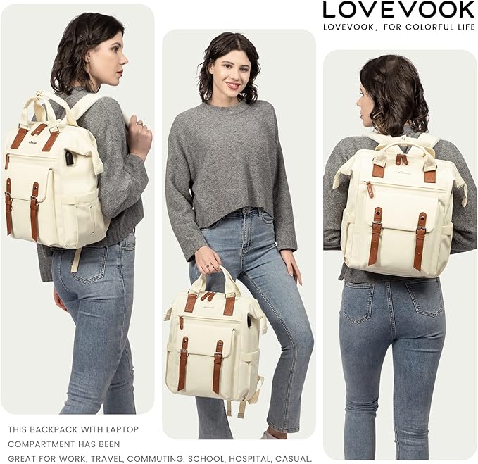 LOVEVOOK Laptop Backpack for Women Work Travel, Large Capacity Computer Backpack Purse, Nurse Bags Doctor Teacher Business Laptop Bag, Fashion College Backpack Casual Daypack, 17 Inch, Beige-brown