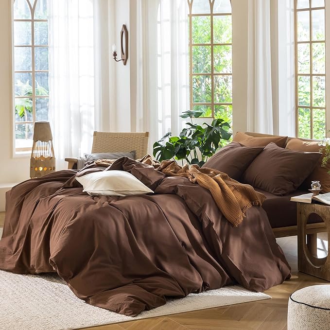 MooMee Bedding Duvet Cover Set 100% Washed Cotton Linen Like Textured Breathable Durable Soft Comfy (Solid Cocoa Brown, Super Queen 90"x98")