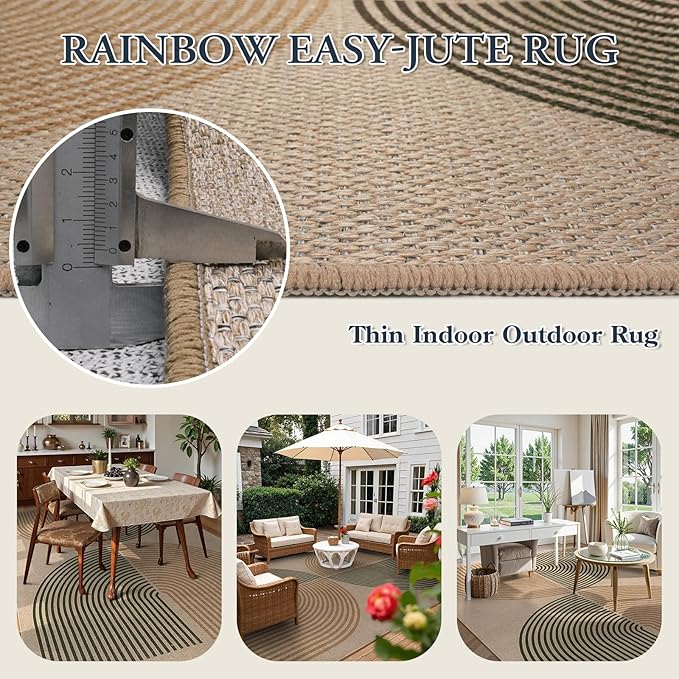 Lahome Modern Rainbow Easy Jute Rug, 8x10 Living Room Rug Indoor Outdoor Patio Rug Farmhouse Large Area Rug, Contemporary Non Slip Non Shedding Carpet for Bedroom Backyard Dining Room