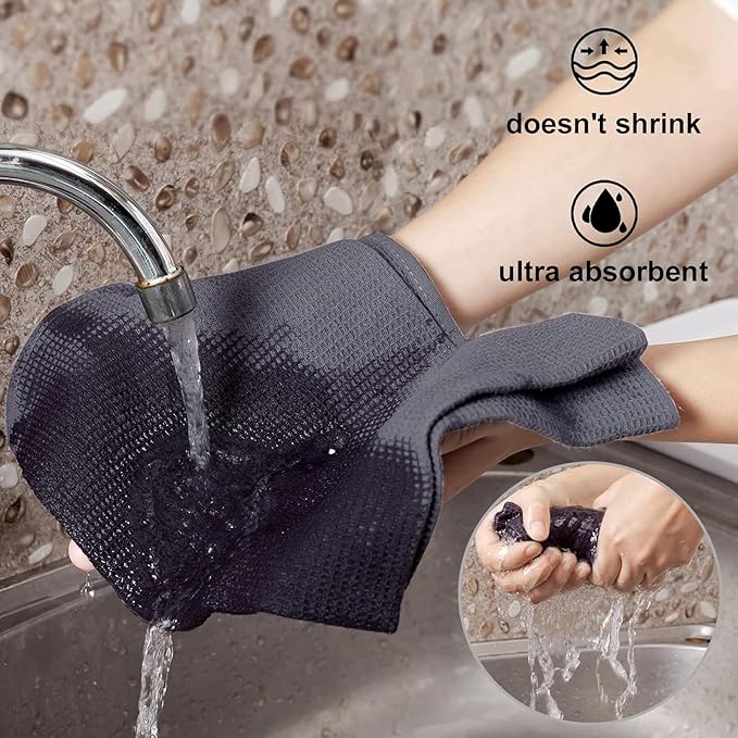 QUILTINA Dish Towels Set,100% Cotton Waffle Weave Kitchen Towels 6 Pack,14 x 14 Inches Dish Towels for Kitchen,Super Absorbent for Drying and Cleaning (Dark Grey)