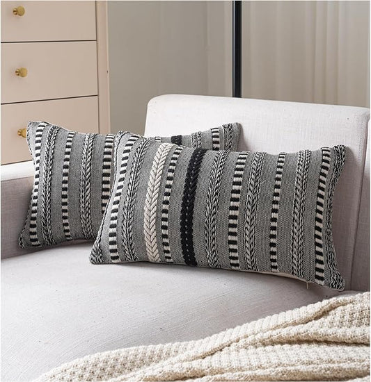 Boho Throw Pillow Covers 12x20 Inch Set of 2, Farmhouse Decorative Couch Pillow Cases, Black Accent Pillows of Bed, Sofa Bedroom Living Room Home Decor Cushion Cover