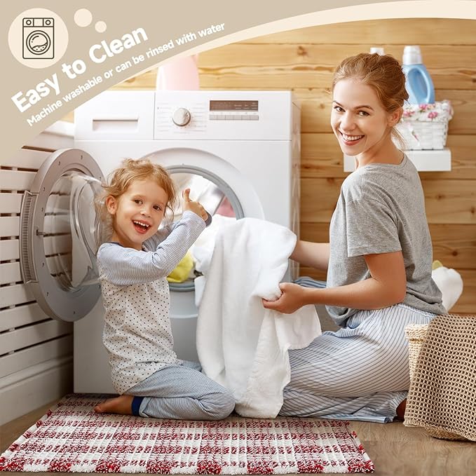 Waffle Bath Mat, Boho Bathroom Rugs Non Slip Washable Absorbent Checkered Bathroom Mat Quick Dry Cute Bath Mat, 36"x24" Red and White