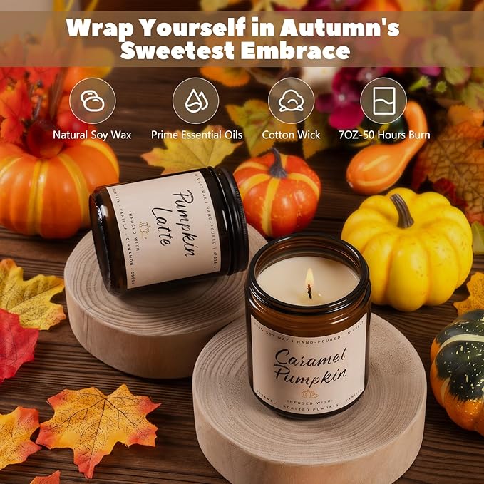 Auelife Fall Scented Candles - Pumpkin Candle Set of 6 | Ginger, Apple, Cake, Caramel, Latte & Spiced Pumpkin Soy Candles | Autumn Candle for Home Décor & Gifts for Women, Cozy Fall Aromatherapy