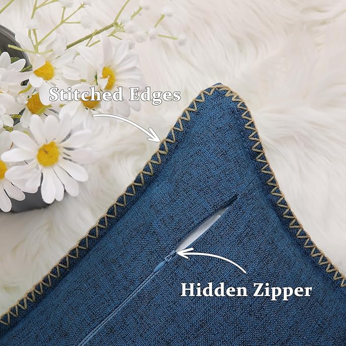 decorUhome Decorative Outdoor Throw Pillow Covers 24x24 Set of 2, Square Linen Rustic Neutral Farmhouse Euro Pillow Covers with Stitched Edge for Couch, Sofa, Living Room, Dark Blue