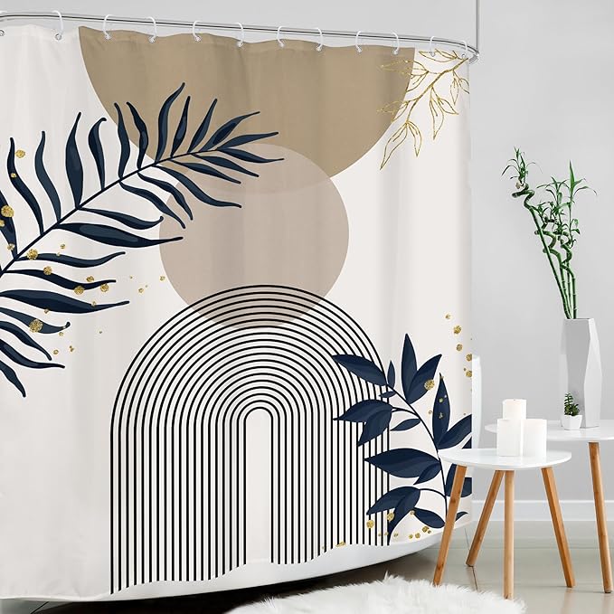 Boho Shower Curtain 60Wx72H Modern Mid Century Abstract Gold Leaves Bohemian Minimalist Geometric Arch Plant Botany Bathroom Decor Neutral Aesthetic Bath Curtain Fabric Polyester 12 Pack Hooks