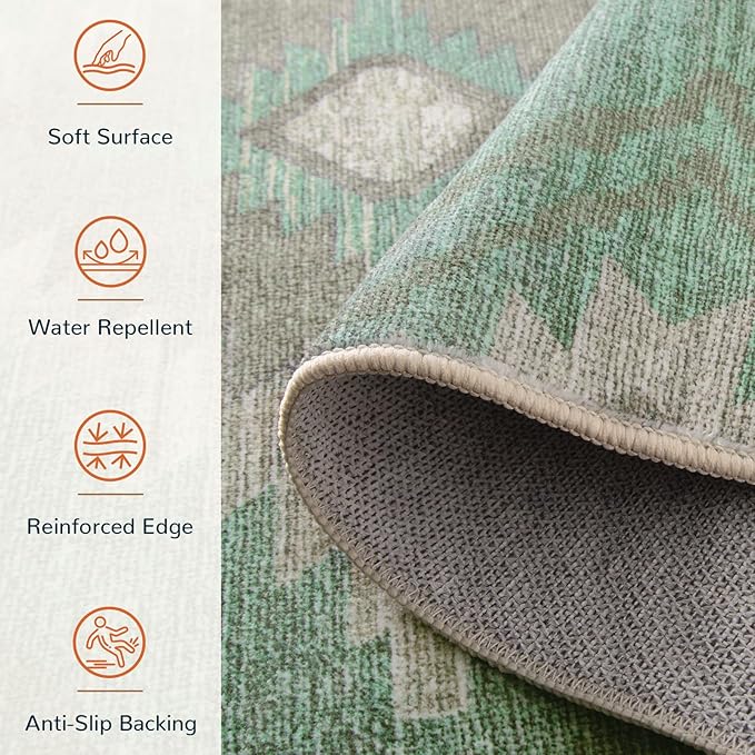 Area Rug 6x9 Rug Machine Washable Rug Non-Slip Low Pile Print Pattern Western Rug for Living Room Bedroom Entryway Tribal Series -Sage