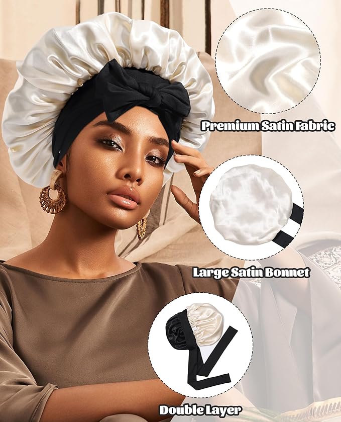 Satin Bonnet Silk Bonnet for Sleeping Silk Sleep Cap Double Layer Hair Bonnet with Elastic Tie Band for Curly Hair Night Cap (Black + Champagne)