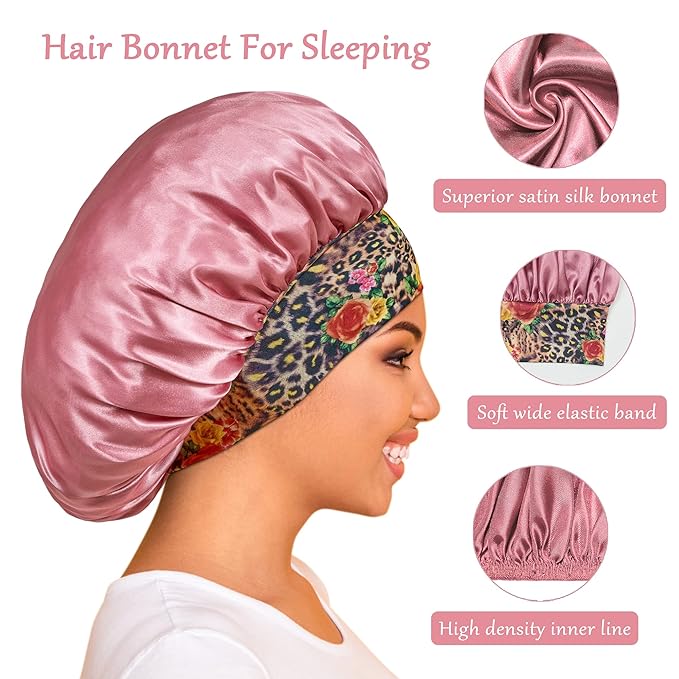3 Pack Satin Bonnet Silk Hair Bonnet for Sleeping, Sleep Bonnets for Women Large Wide Soft Band Sleep Cap for Curly Hair Braids