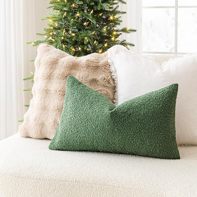 Foindtower Pack of 2 Textured Boucle Throw Pillow Covers Accent Solid Decorative Lumbar Pillow Cases Cozy Couch Cushion Case for Chair Sofa Bed Living Room Home Decor 12 x 20 Inch Hunter Green