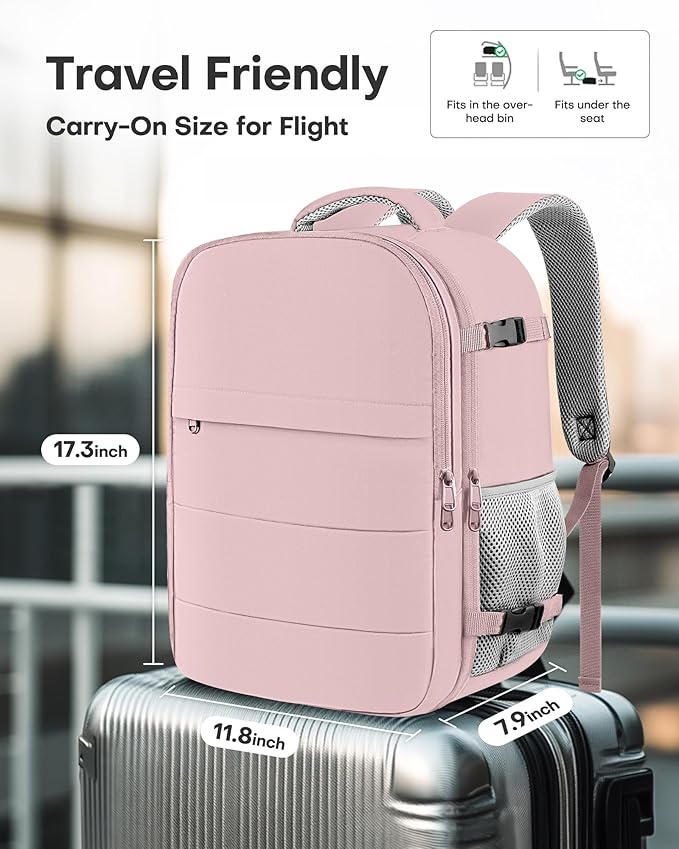 HOTOR Travel Backpack - Flight Approved Travel Bag for Men and Women, Carry on Luggage for 15.6" Laptop and Travel Essentials for Work, Business, Weekender, College 11.8"x7.9"x17.3" (Pink)