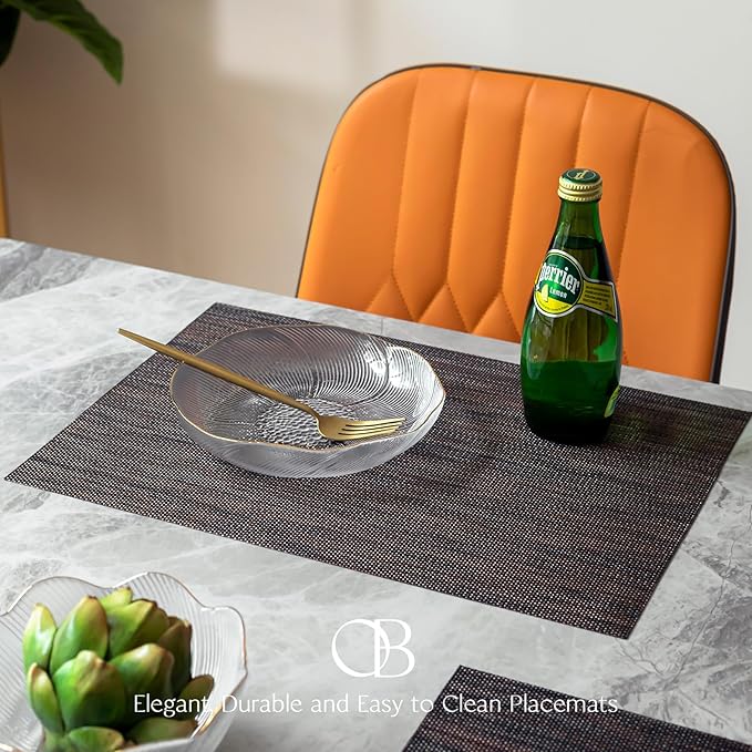 Placemats Set of 4 - Easy Clean Woven Vinyl Placemats for Dining Table, Indoor/Outdoor Place Mats, Washable PVC Table Mats（Black/Brown）