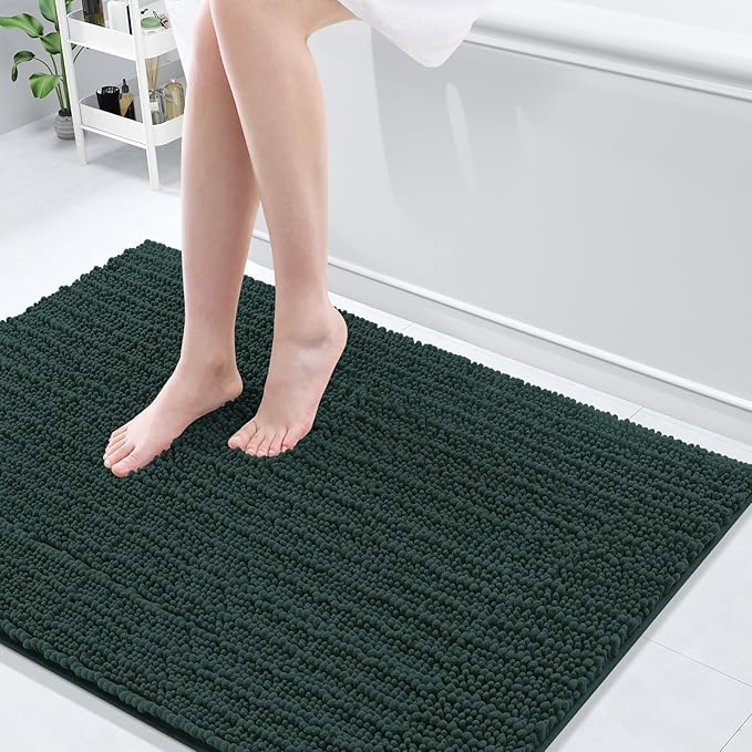 Arotive Luxury Chenille Bathroom Rug Mat, Extra Soft Thick Absorbent Shaggy Bath Rugs, Non-Slip Machine Wash Dry, Plush Bath Mats for Bathroom, Shower and Tub, 44x32, Dark Green