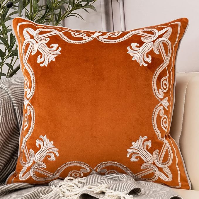 Aeckself European Floral Pillow Cover 18x18 Inch, Luxury Velvet Embroidered Decorative Throw Pillow Cover for Couch Bedroom Living Room, Burnt Orange and White