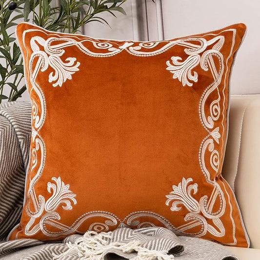 Aeckself European Floral Pillow Cover 18x18 Inch, Luxury Velvet Embroidered Decorative Throw Pillow Cover for Couch Bedroom Living Room, Burnt Orange and White