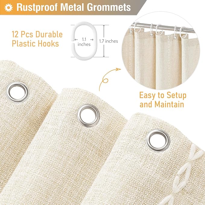 BTTN Boho Farmhouse Shower Curtain, Linen Rustic Weighted Striped Cloth Shower Curtain Set with Tassel, Water Repellent, Bohemian Vintage Country Fabric Shower Curtain for Bathroom, Cream/Beige, 72x72