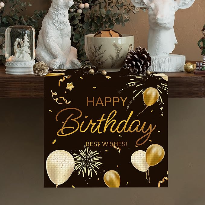 Happy Birthday Black Table Runner Burlap Kitchen Dining Linen Table Decoration for Indoor Outdoor Home Party Dinner 13x72 Inch
