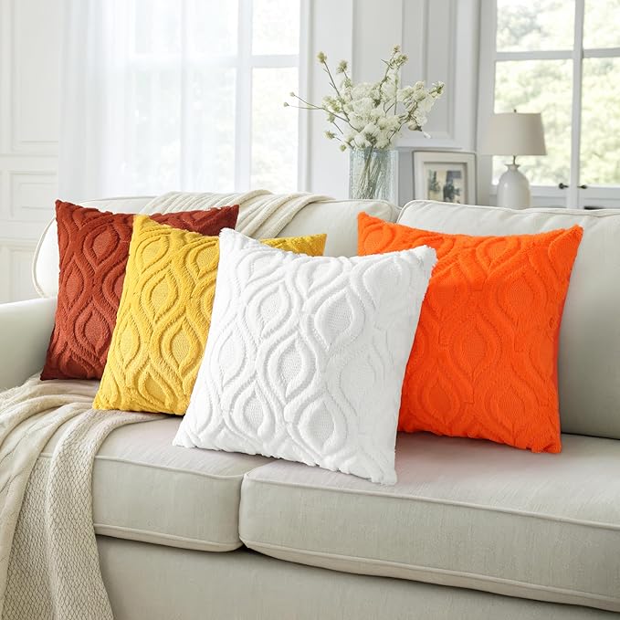 decorUhome Fall Throw Pillow Covers 16x16 Inch Set of 2, Soft Plush Decorative Faux Fur Orange Solid Couch Pillow Covers, Accent Farmhouse Neutral Square Euro Pillow Cases for Sofa Bed Living Room