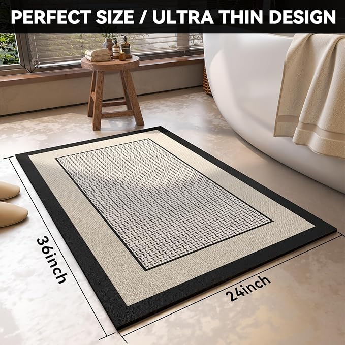 Non Slip Thin Bath Mat Bathroom Rugs, Rubber Backing Ultra Thin Bathroom Rug Fit Under Door, Quick Dry Super Absorbent Washable Shower Bath Mats, Beige 24x36