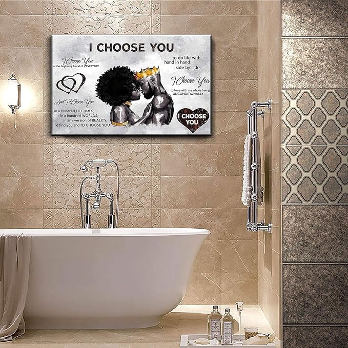 Framed African American Canvas Prints Black Couple I Choose You Poster Black King and Queen Wall Art Afro Black Romantic Couple Wall Art for Bedroom Living Room Decor(Black couple, 24in×16in)