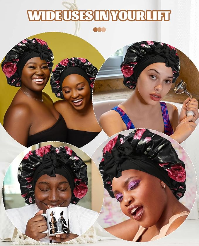 Satin Bonnet Silk Bonnet for Sleeping Silk Sleep Cap Double Layer Hair Bonnet with Elastic Tie Band for Curly Hair Night Cap (Black Flower + Black)